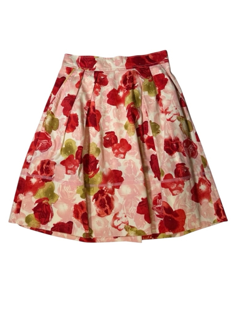 BB Dakota Floral Pleated Skirt 6 Pink Red Rose Print Cottagecore Pockets Cotton
